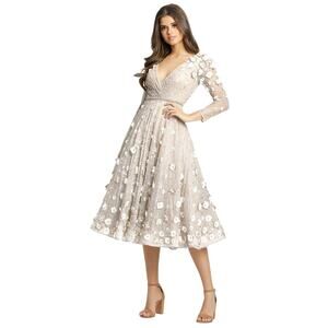 Mac Duggal Long Sleeve Floral Flower Appliqué Dress Beige 67787 Gown Midi 6